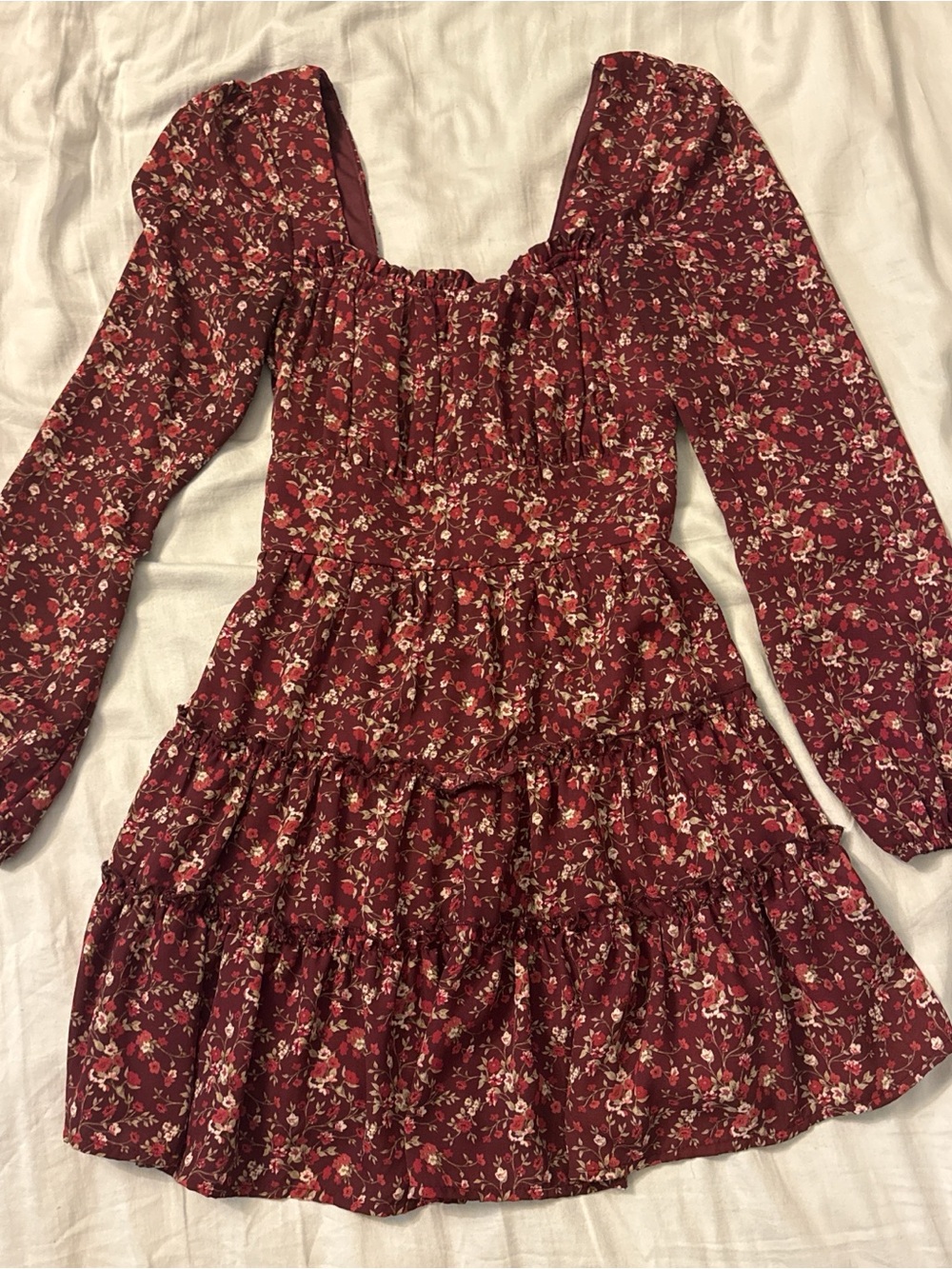 Altar’d State Floral Burgundy Long-Sleeve Tiered Dress